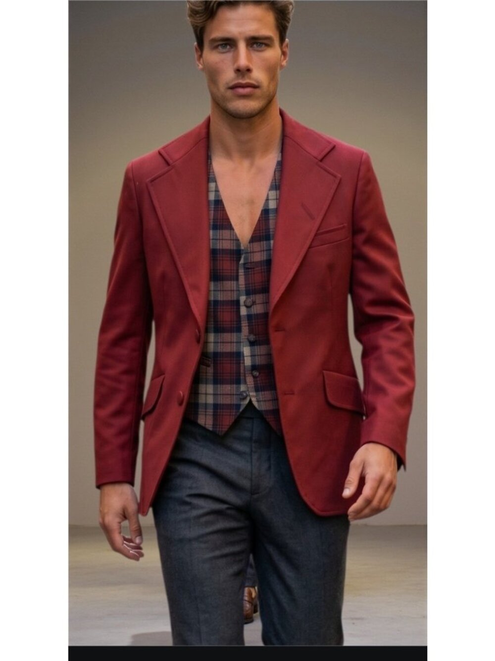 70s Mens Blazer‎ Matching Vest Sz XS/S Burgandy Maroon Plaid Retro Polyester